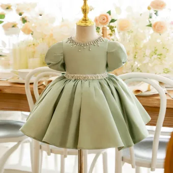 Élégant Vert Cendré Courte Promo Robe Ceremonie Fille 2022 Robe Boule Encolure Dégagée Perle Faux Diamant Gonflée Manches Courtes Noeud Robe Ceremonie Fille