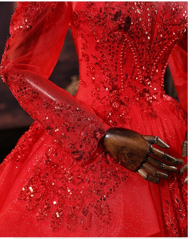 fitted lace wedding dress 2025 Sparkly Red Ball Gown Wedding Dresses Sequin Off the Shouder Quin –  MyChicDress main image 1