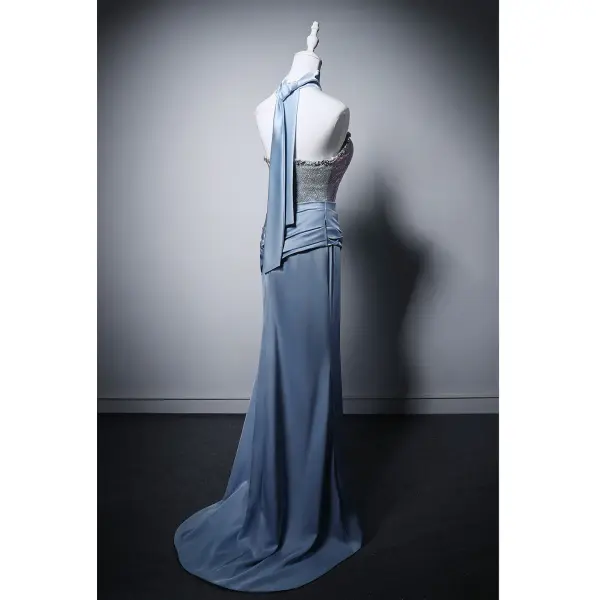 Sexy Bleu Ciel Faux Diamant Robe De Soirée 2026 Trompette / Sirène Bustier Sans Manches Dos Nu Train De Balayage Soirée Robe De Ceremonie