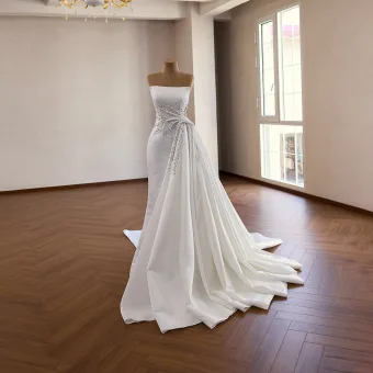 Vintage High End Witte Handgemaakt Parel Rhinestone Satijn Trouwjurken 2026 Trompet Zeemeermin Strapless Mouwloos Ruglooze Sweep Trein