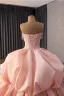 Luxury / Gorgeous Blushing Pink Handmade  Beading Sequins Cascading Ruffles Prom Dresses 2026 Ball Gown Strapless Sleeveless Backless Royal Train Formal Dresses