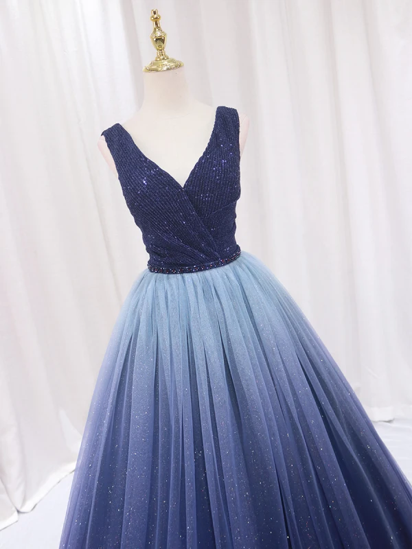 Vintage / Retro Navy Blue Beading Sequins Prom Dresses 2024 Ball Gown V-Neck Sleeveless Backless Floor-Length / Long Prom Formal Dresses
