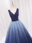 Vintage / Retro Navy Blue Beading Sequins Prom Dresses 2024 Ball Gown V-Neck Sleeveless Backless Floor-Length / Long Prom Formal Dresses