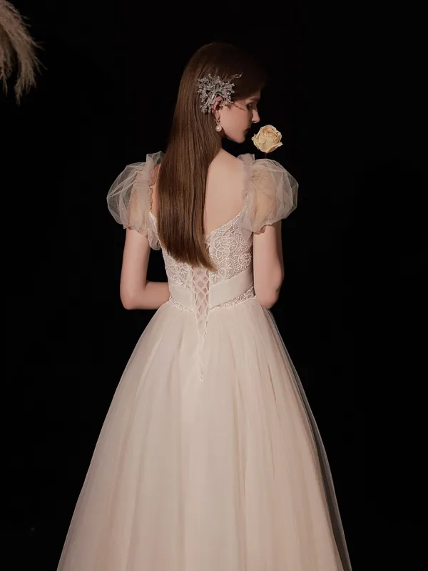 Lovely Ivory Lace Flower Prom Dresses 2022 A-Line / Princess Square Neckline Bow Puffy Short Sleeve Backless Floor-Length / Long Prom Formal Dresses