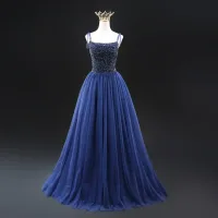 Vintage Marino Oscuro Lentejuelas Vestidos de gala 2024 A-Line / Princess Spaghetti Straps Sin Mangas Sin Espalda Largos Gala Vestidos Formales