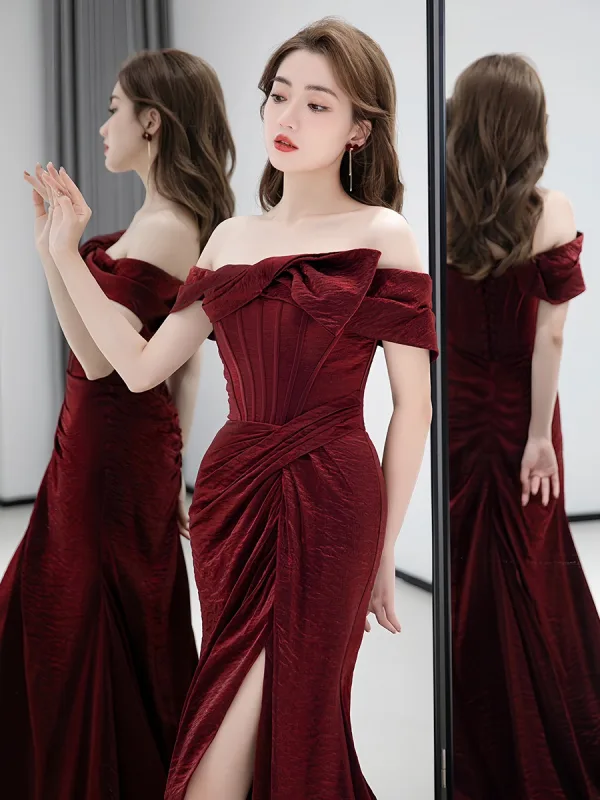Sexy Burgundy Split Front Prom Dresses 2024 Trumpet / Mermaid Off-The-Shoulder Sleeveless Backless Floor-Length / Long Prom Formal Dresses