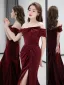 Sexy Burgundy Split Front Prom Dresses 2024 Trumpet / Mermaid Off-The-Shoulder Sleeveless Backless Floor-Length / Long Prom Formal Dresses