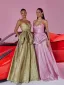 Sexy Gold Prom Dresses 2025 A-Line / Princess Strapless Bow Sleeveless Backless Floor-Length / Long Formal Dresses