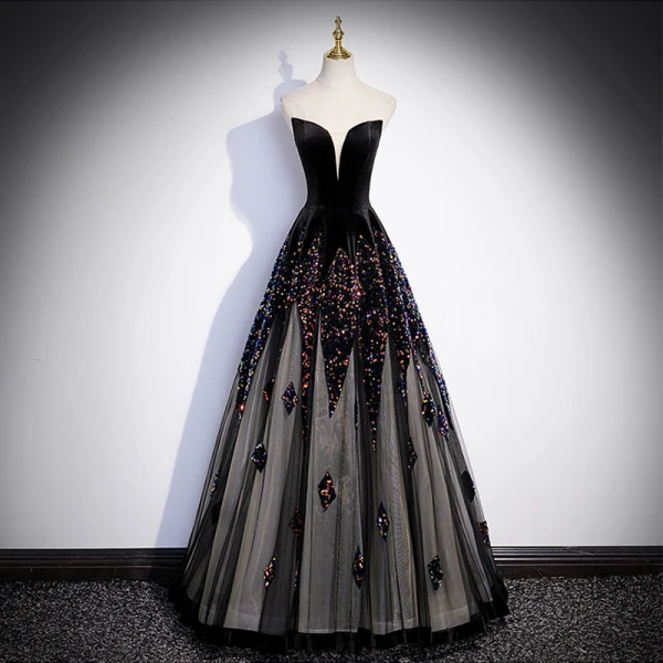 Sexy Black Sequins Evening Dresses 2023 A-Line / Princess Off-The-Shoulder Short Sleeve Backless Floor-Length / Long Evening Party Formal Dresses