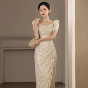 Sparkly Gold Sequins Evening Dresses 2023 Trumpet Mermaid Square Neckline Short Sleeve Backless Floor Length Long Evening Party Formal Dresses