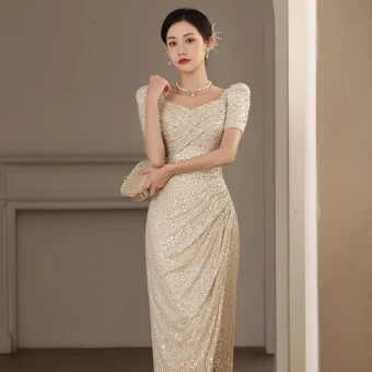 Sparkly Gold Sequins Evening Dresses 2023 Trumpet Mermaid Square Neckline Short Sleeve Backless Floor Length Long Evening Party Formal Dresses