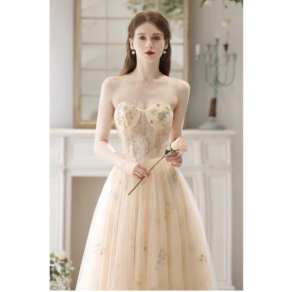 Elegante Champagner Blumen Ballkleider 2023 A Linie Spaghettiträger Ärmellos Rückenfreies Lange Ball Festliche Kleider