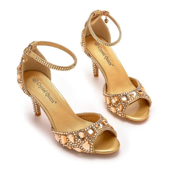 Charmant Silber Strass Abend Sandalen Damen 2023 7 cm Stilettos Peeptoes Knöchelriemen Sandaletten Hochhackige