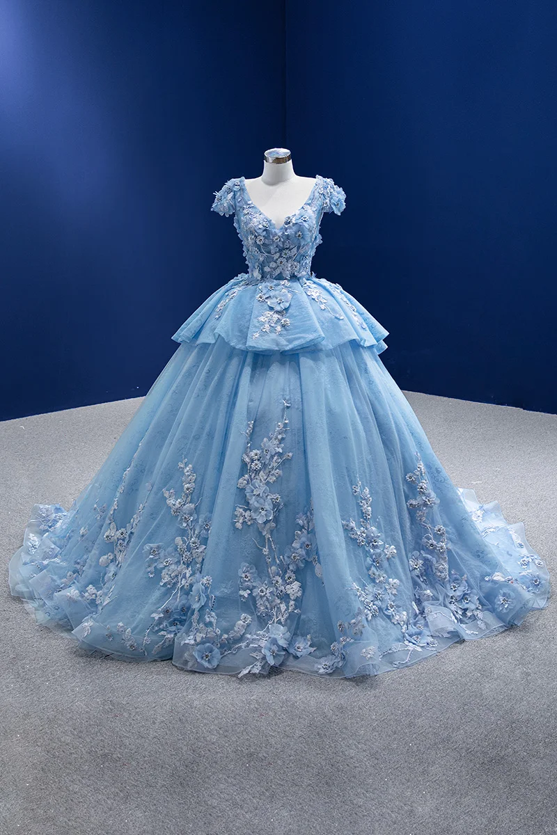 Luxury Gorgeous Pool Blue Rhinestone Lace Flower Appliques Prom Dresses 2022 Ball Gown