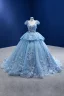 Luxury / Gorgeous Pool Blue Rhinestone Lace Flower Appliques Prom Dresses 2022 Ball Gown V-Neck Short Sleeve Backless Floor-Length / Long Formal Dresses