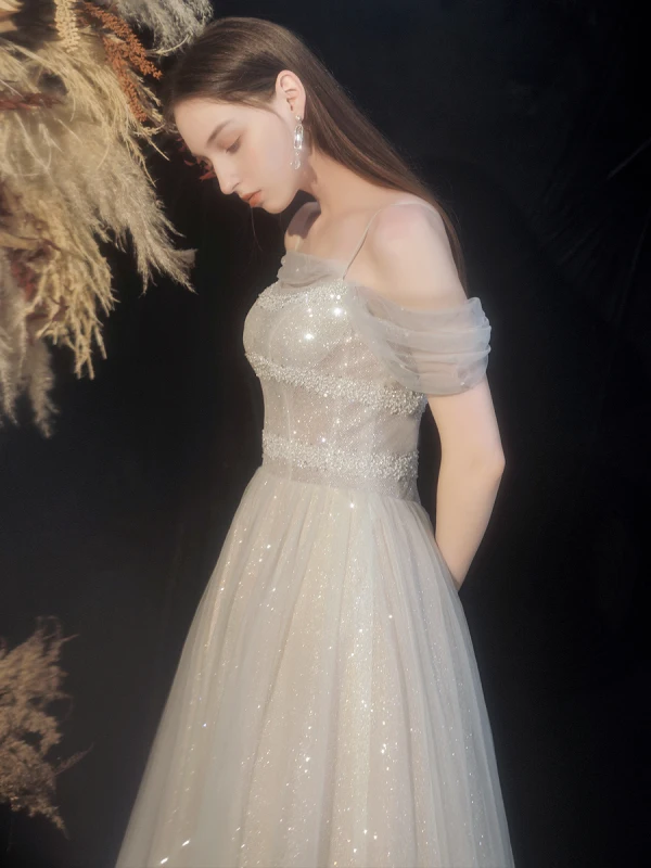 Sparkly Champagne Beading Glitter Prom Dresses 2022 A-Line / Princess Spaghetti Straps Short Sleeve Backless Floor-Length / Long Prom Formal Dresses
