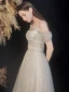 Sparkly Champagne Beading Glitter Prom Dresses 2022 A-Line / Princess Spaghetti Straps Short Sleeve Backless Floor-Length / Long Prom Formal Dresses