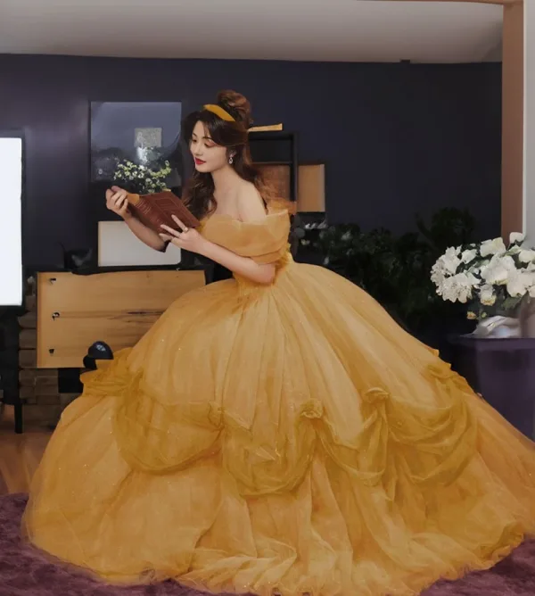 Medieval Yellow Cascading Ruffles Cosplay Prom Dresses 2025 Ball Gown Off-The-Shoulder Short Sleeve Backless Floor-Length / Long Prom Formal Dresses