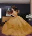 Medieval Yellow Cascading Ruffles Cosplay Prom Dresses 2025 Ball Gown Off-The-Shoulder Short Sleeve Backless Floor-Length / Long Prom Formal Dresses