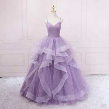 Charmant Lavande Volants En Cascade Robe De Bal 2023 Robe Boule Bretelles Spaghetti Sans Manches Dos Nu Longue Promo Robe De Ceremonie