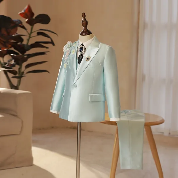 Sage Green Lace Flower Pearl Long Sleeve 6-piece Boys Wedding Suits 2025 Body Jewellery Coat Pants Shirt Tie Vest Wedding