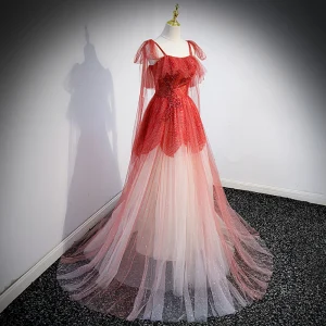 Charmant Multi Couleurs Rouge Robe De Bal 2022 Princesse Bretelles Spaghetti Perlage Paillettes Sans Manches Dos Nu Train De Balayage Robe De Ceremonie