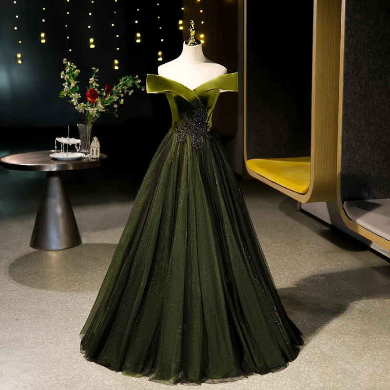 Elegant Dark Green Rhinestone Lace Flower Velvet Prom Dresses 2023 A-Line Princess Long