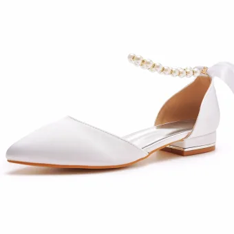 Elegant Ivory Pearl Ankle Strap Bow Flat Bridesmaid Wedding Shoes 2024 Pointed Toe Womens Shoes