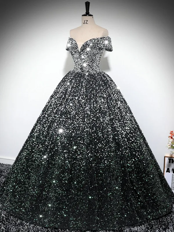 Scintillantes Noire Paillettes Robe De Bal 2024 Robe Boule De l'épaule Manches Courtes Dos Nu Longue Promo Robe De Ceremonie