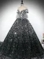 Scintillantes Noire Paillettes Robe De Bal 2024 Robe Boule De l'épaule Manches Courtes Dos Nu Longue Promo Robe De Ceremonie