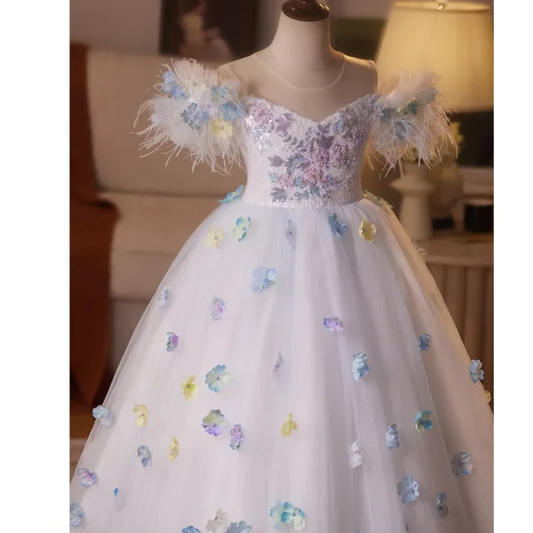 Lovely White Beading Appliques Tassel Birthday Flower Girl Dresses 2025 Ball Gown Scoop Neck Short Sleeve Backless Floor-Length / Long