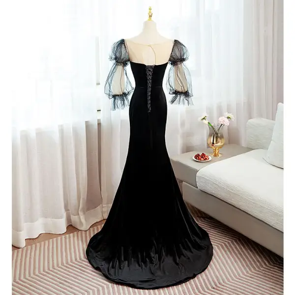 Fashion Black Suede Formal Dresses 2022 Trumpet / Mermaid Scoop Neck Puffy 1/2 Sleeves Backless Bow Sweep Train Prom Evening Dresses