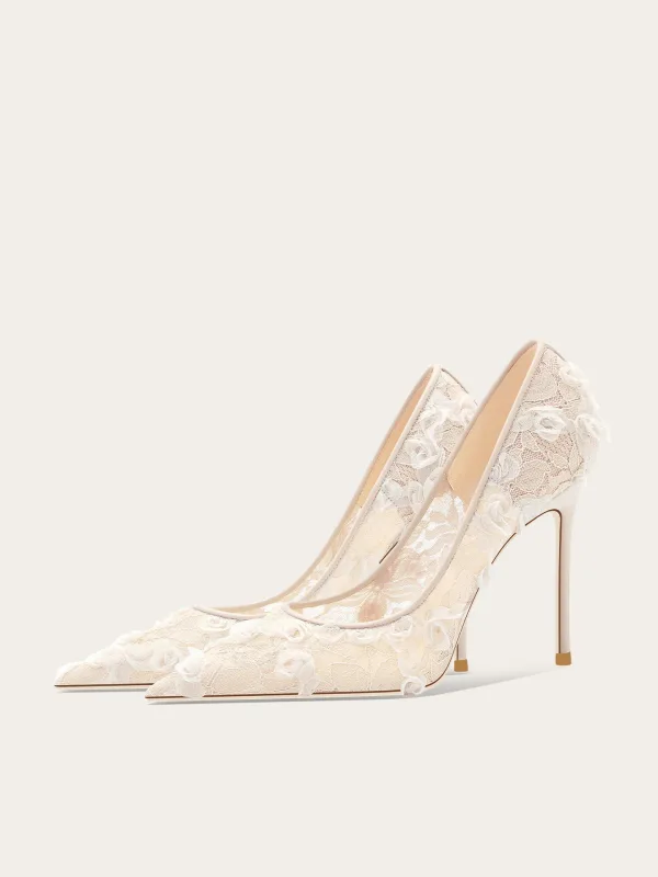 Elegant White Lace Flower Wedding Shoes 2026 Leather 10 cm Stiletto Heels Pointed Toe Wedding High Heels