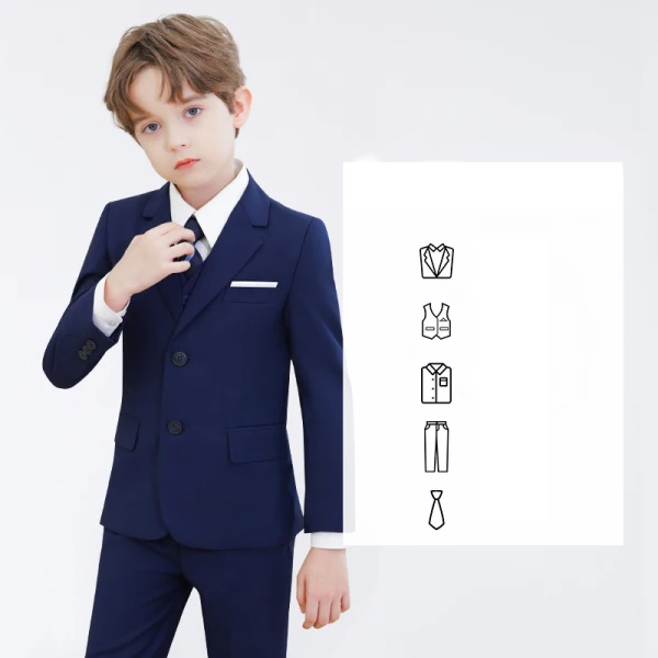 Bleu Marine Manches Longues 5 pièces Mariage Costume Garçon Mariage 2024 Manteau Pantalon Chemise Cravate Gilet