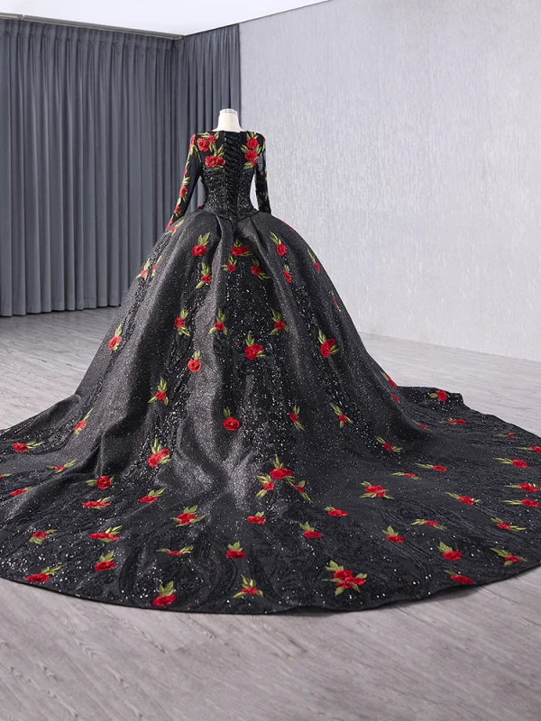 Elegant Black 3D Lace Flower Glitter Sequins Prom Dresses 2024 Ball Gown Scoop Neck Long Sleeve Royal Train Prom Formal Dresses