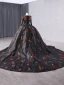 Elegant Black 3D Lace Flower Glitter Sequins Prom Dresses 2024 Ball Gown Scoop Neck Long Sleeve Royal Train Prom Formal Dresses