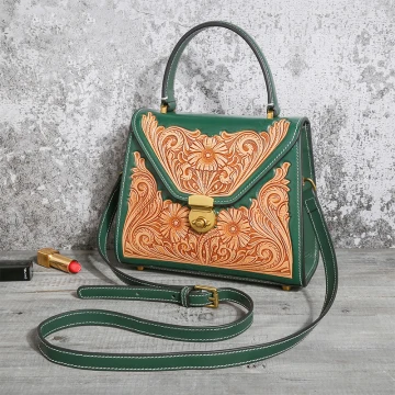 Vintage Donkergroen Handgemaakt Leer Toevallig Dames Tassen Tote Tas Schoudertas 2022