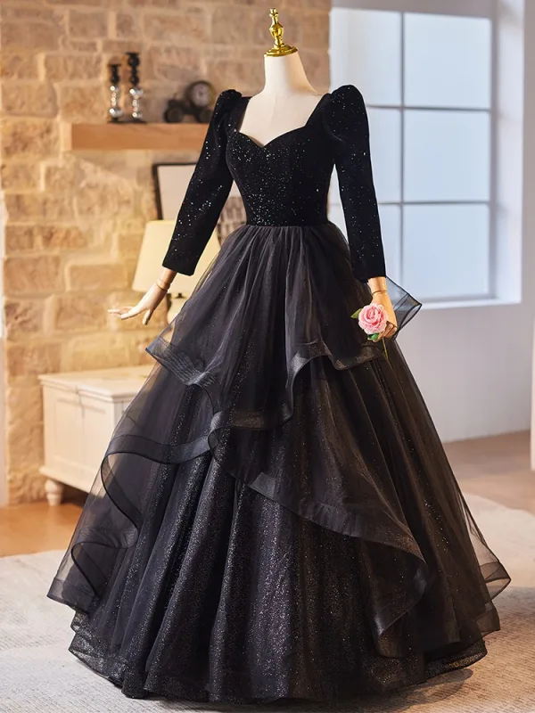 Audrey Hepburn Style Black Glitter Prom Dresses 2024 Ball Gown Square Neckline Long Sleeve Backless Floor-Length / Long Prom Formal Dresses