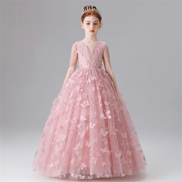 Chic / Beautiful Blushing Pink Beading Sequins Butterfly Appliques Birthday Flower Girl Dresses 2025 Ball Gown V-Neck Sleeveless Floor-Length / Long