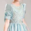 Chic / Belle Bleu Ciel Satin Anniversaire Robe Ceremonie Fille Princesse 2022 Encolure Dégagée Perlage Paillettes Faux Diamant Noeud Manches Courtes Longue Robe Ceremonie Fille