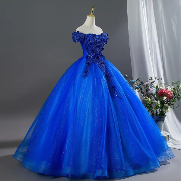 Vintage Königliches Blau Perlenstickerei Applikationen Ballkleider 2026 Ballkleid Off Shoulder Kurze Ärmel Rückenfreies Lange Festliche Kleider