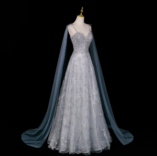 Schillernd Taubenblau Perlenstickerei Strass Pailletten Abendkleider 2026 A Linie Spaghettiträger Ärmellos Rückenfreies
