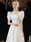 Vintage / Retro Ivory Satin Homecoming Graduation Dresses Prom Dresses 2023 A-Line / Princess Square Neckline Pearl Short Sleeve Backless Floor-Length / Long Formal Dresses