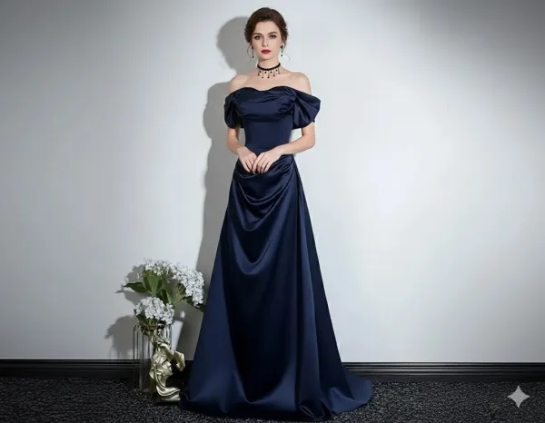 Vintage / Retro Navy Blue Prom Dresses 2026 A-Line / Princess Off-The-Shoulder Short Sleeve Backless Floor-Length / Long Formal Dresses