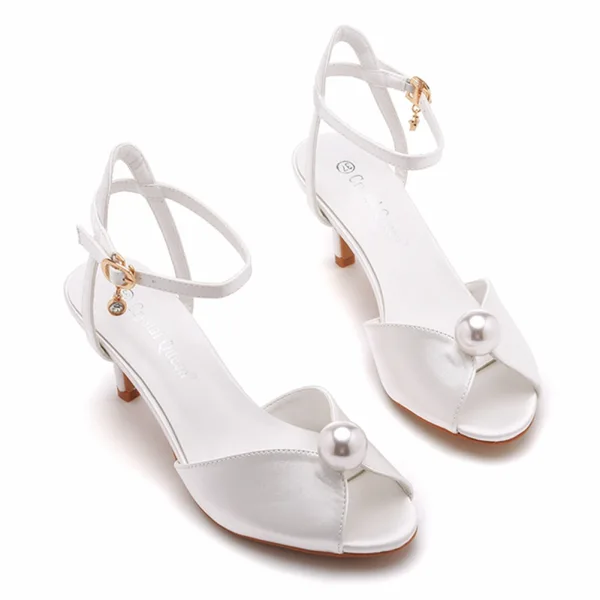 Sexy White Pearl Summer Prom Womens Sandals 2023 Satin Ankle Strap 6 cm Stiletto Heels Open / Peep Toe Sandals High Heels