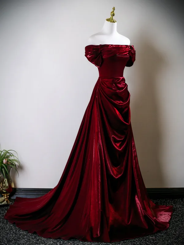 Sexy Burgundy Prom Dresses 2025 A-Line / Princess Off-The-Shoulder Short Sleeve Backless Sweep Train Prom Formal Dresses