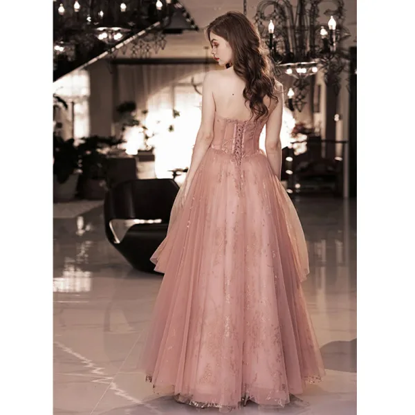 Chic / Belle Rougissant Rose Perlage Perle Paillettes Robe De Bal 2022 Princesse Bustier Sans Manches Dos Nu Longue Robe De Ceremonie