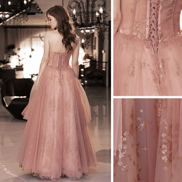 Chic / Belle Rougissant Rose Perlage Perle Paillettes Robe De Bal 2022 Princesse Bustier Sans Manches Dos Nu Longue Robe De Ceremonie