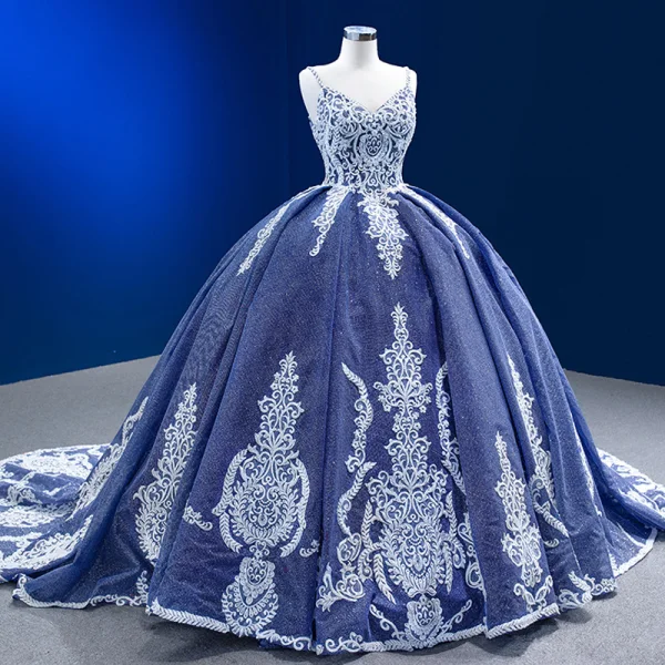 High-end Ocean Blue Glitter Beading Lace Flower Prom Dresses 2023 Ball Gown Spaghetti Straps Sleeveless Backless Floor-Length / Long Prom Formal Dresses
