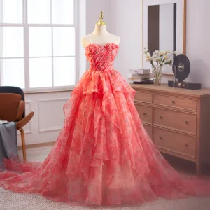 Fancy Watermelon Appliques Prom Dresses 2025 Ball Gown Strapless Sleeveless Backless Sweep Train Formal Dresses
